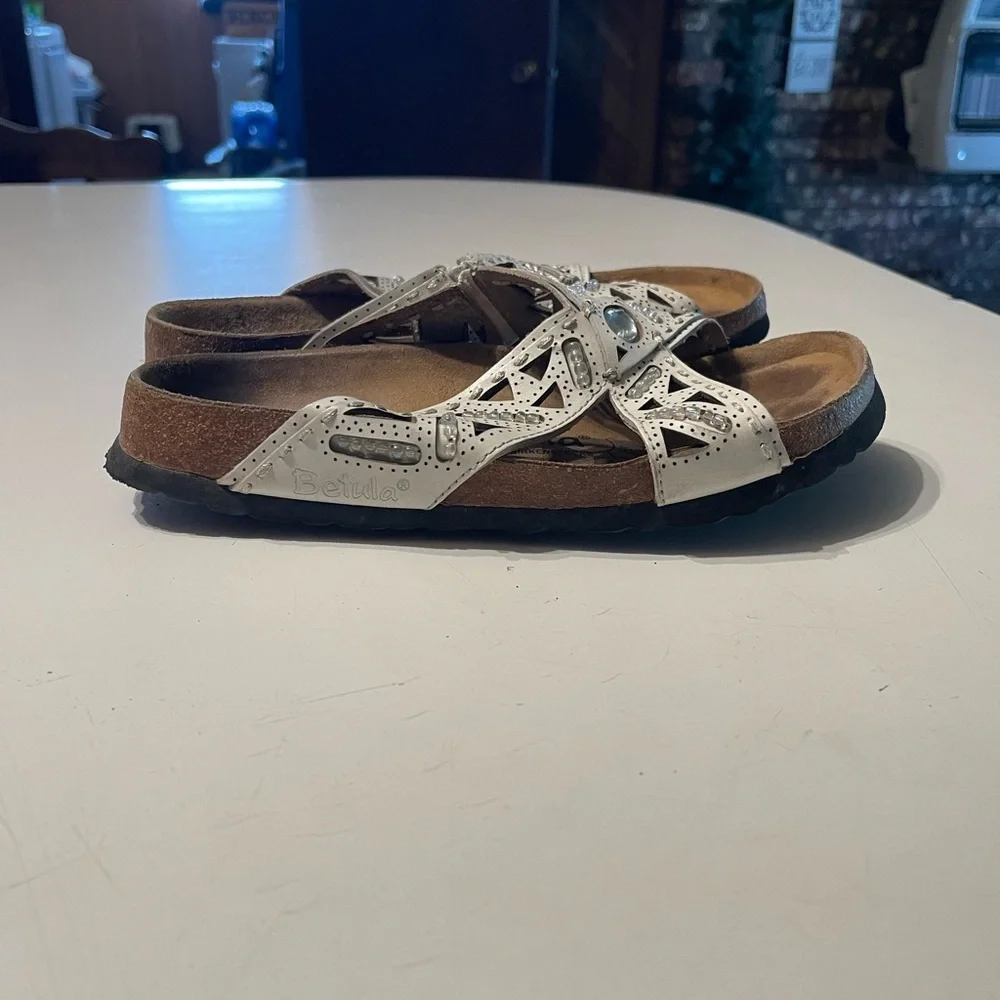 Betula by Birkenstock White Rhinestone Laser Cut Slide Sandal 38 L7 M5 Boho VGUC